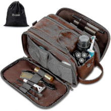 Water-resistant Leather Toiletry Bag for Men Large Travel Wash Bag Shaving Dopp Kit Bathroom Gym Toiletries Makeup Organizer with Free Wet Dry Bag