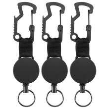 Lot de 3 porte-clés rétractables – Porte-badge robuste avec mousqueton multifonction, cordon en acier jusqu'à 63 cm, noir