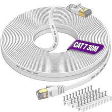 Long Ethernet Cable 30m, Cat 7 High Speed Flat Internet Cable 30 Meters Network Cable White 10gbps 600mhz Rj45 Cable 100ft Shielded Lan Patch Cable Fo
