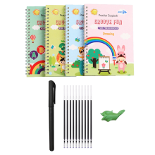 4-delig gegroefd handschriftoefenboek, magisch schrijfboek voor kinderen, gegroefd kinderschrift met automatisch verdwijnende inktpen