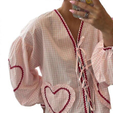(M, Pink) Women's Plaid Lace Up Bow Shirts Heart Pockets Long Puff Sleeve V-neck Blouses