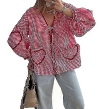 (L, Red) Women's Plaid Lace Up Bow Shirts Heart Pockets Long Puff Sleeve V-neck Blouses