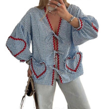 (M, Blue) Women's Plaid Lace Up Bow Shirts Heart Pockets Long Puff Sleeve V-neck Blouses