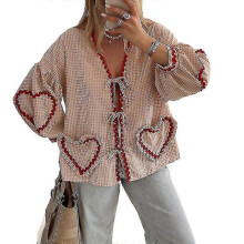 (S, Khaki) Women's Plaid Lace Up Bow Shirts Heart Pockets Long Puff Sleeve V-neck Blouses