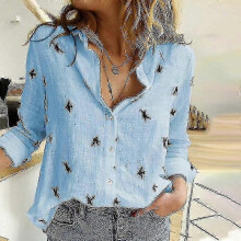 (M, Blue) Women's Birds Print Shirts, Spring & Summer Loose Cotton Long Sleeve Tops