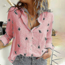 (M, Pink) Women's Birds Print Shirts, Spring & Summer Loose Cotton Long Sleeve Tops