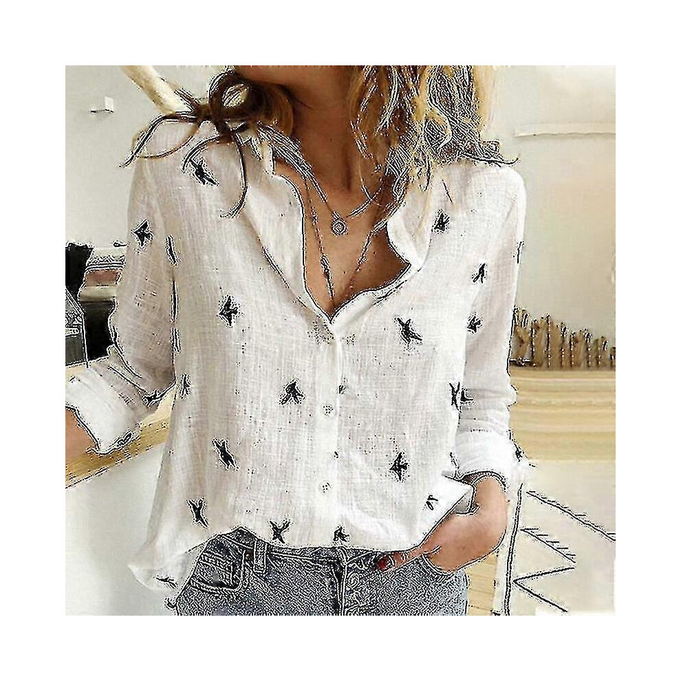 (S,White)Women's Birds Print Shirts, Spring & Summer Loose Cotton Long Sleeve Tops