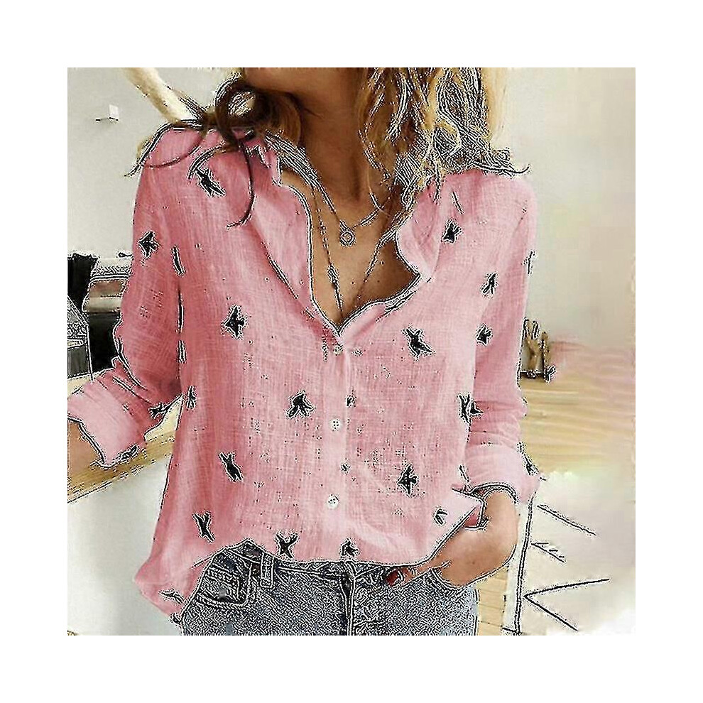 (S,Pink)Women's Birds Print Shirts, Spring & Summer Loose Cotton Long Sleeve Tops