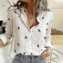 (4XL, White) Women's Birds Print Shirts, Spring & Summer Loose Cotton Long Sleeve Tops