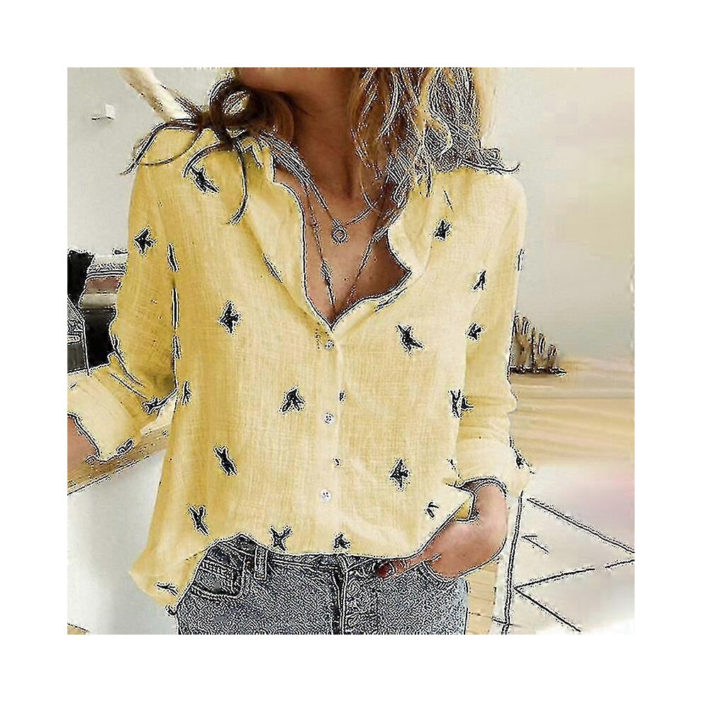 (5XL,Yellow)Women's Birds Print Shirts, Spring & Summer Loose Cotton Long Sleeve Tops