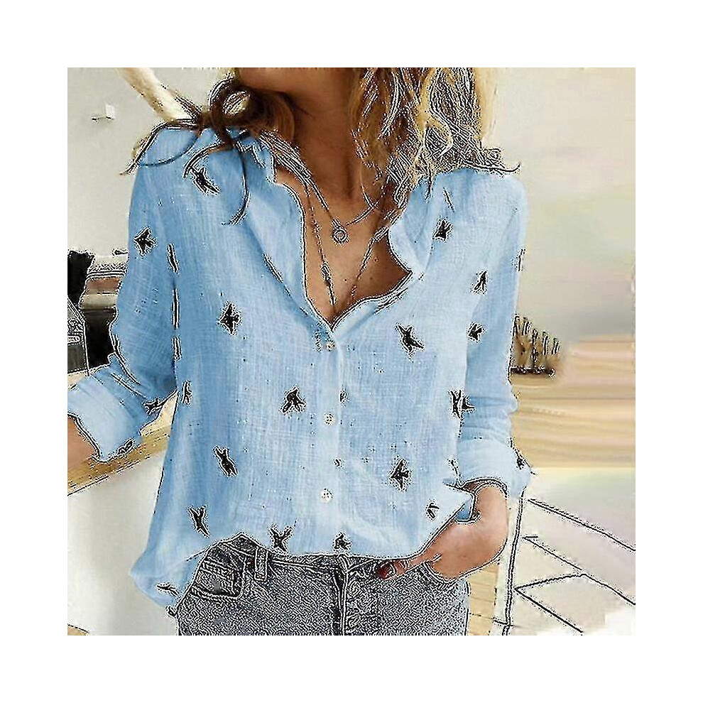 (XXL,Blue)Women's Birds Print Shirts, Spring & Summer Loose Cotton Long Sleeve Tops