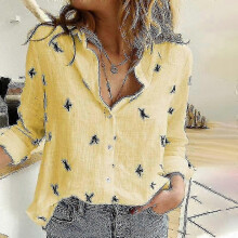 (4XL, Yellow) Women's Birds Print Shirts, Spring & Summer Loose Cotton Long Sleeve Tops