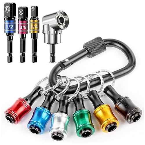 1/4 Hex-Shank Bit Holder Keychain Gadgets,3Pc 1/4In 3/8In 1/2In Drill Socket Adapter+105 Right Angle Attachment
