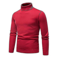 (M, Red) Mens Plain Roll Neck Basic Sweater Winter Slim Fit Thick Knit Warm Pullover Top
