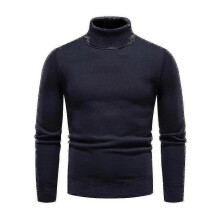 (L, Navy Blue) Mens Plain Roll Neck Basic Sweater Winter Slim Fit Thick Knit Warm Pullover Top