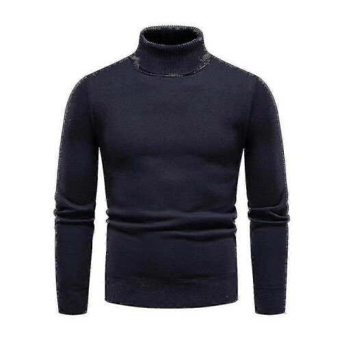 (XL,Navy Blue)Mens Plain Roll Neck Basic Sweater Winter Slim Fit Thick Knit Warm Pullover Top