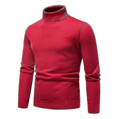 (XL,Red)Mens Plain Roll Neck Basic Sweater Winter Slim Fit Thick Knit Warm Pullover Top