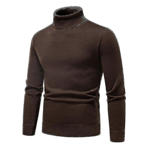 (2XL,Brown)Mens Plain Roll Neck Basic Sweater Winter Slim Fit Thick Knit Warm Pullover Top