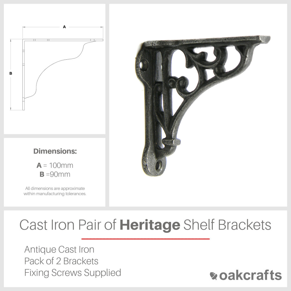 Oakcrafts Pair Of Antique Cast Iron Heritage Shelf Brackets - 100Mm X 90Mm