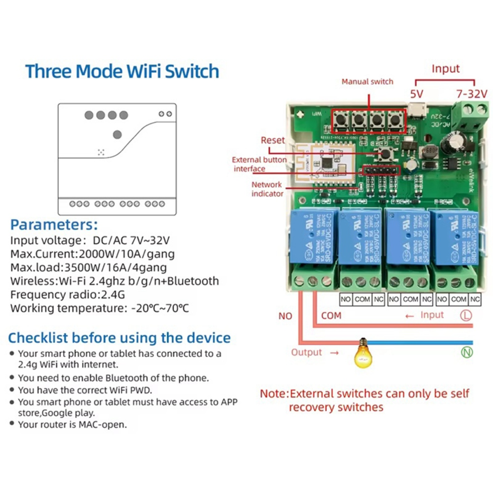 Ewelink Smart Switch 4 Channel Smart Wifi Switch Module 7-32V 4712930672894