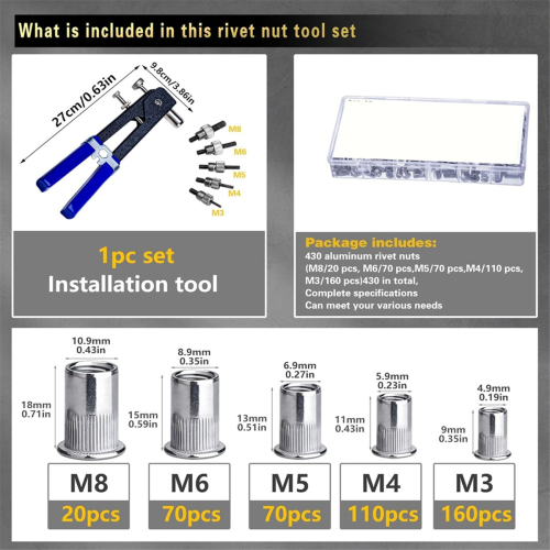 Pressure Rivet Nut Tool Kit, 430Pcs Metric Rivet Nut Combination, A 1