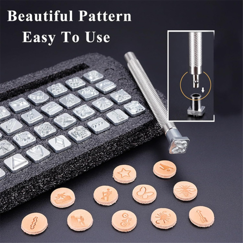 34 PCS Leather Stamping Tools, Crafting Tools with 32PCS Different Shape, 1 Rubber Hammer, Punch 2
