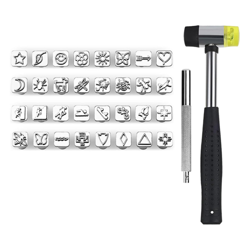 34 PCS Leather Stamping Tools, Crafting Tools with 32PCS Different Shape, 1 Rubber Hammer, Punch 1