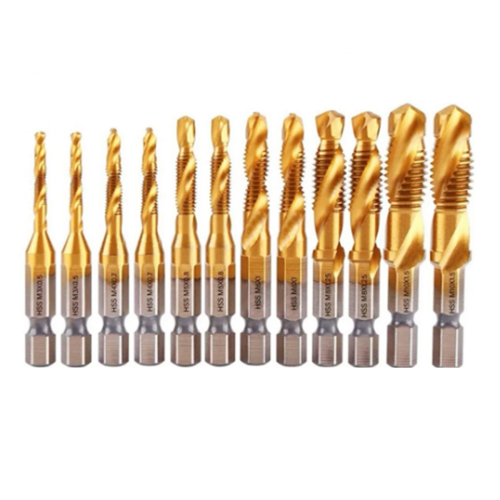 12pcs Titanium Coated HSS Tap Drill Bits Set Hex Shank Screw Thread Bit Machine Compound M3 M 4 M5 M6 M8 M10