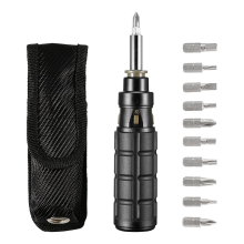 10-in-1-Multibit-Ratschenschraubendreher mit Schlitz-/Torx-/Sechskant-Bits und 1/4-Zoll-Steckschlüssel, mit Gürteltasche