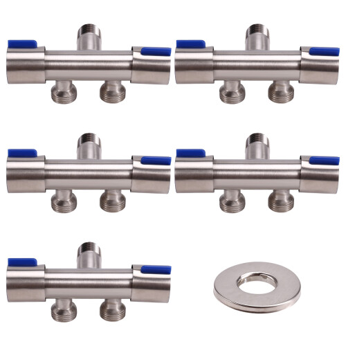 Robinet d'angle pour salle de bain, toilettes, machine à laver, bidet, 5 pièces, double commande, 1 entrée, 2 sorties 2