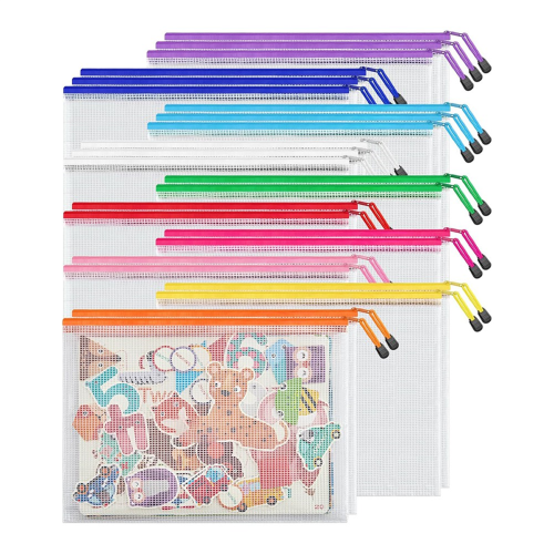 Lot de 24 pochettes à documents en maille à fermeture éclair, format A4, étanches, 10 couleurs 1