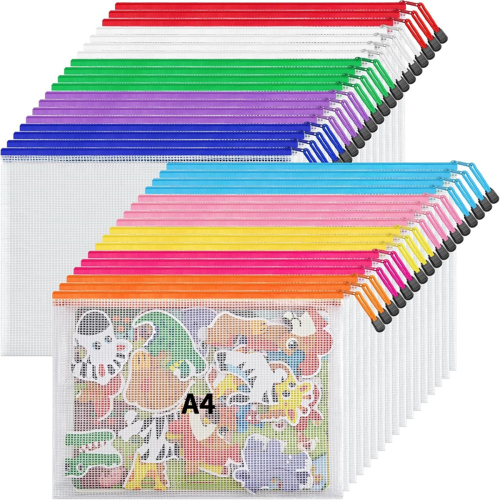 Pochettes à documents en maille à fermeture éclair, format A4, 10 couleurs, étanches, 36 pièces
