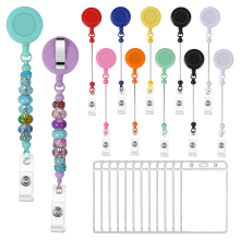 12-delige set kraalvormige intrekbare badge-reels met clips en ID-kaarthouder, kleurrijke reelset voor DIY kralen, blanco balk