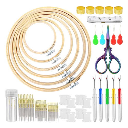 Embroidery Hoop Kit Includes: Hoop, Needle, Vintage Scissors, Needle Threader, Thimble,Floss Spool 1