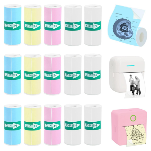 15 Rolls Thermal Sticker Paper for Mini Printer Maker, 9 Colored and 6 White 2