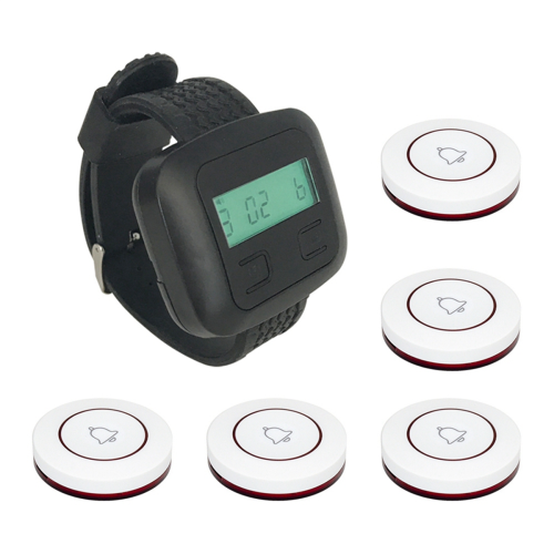 Wireless Restaurant Calling System 5Table Call Button Transmitters 1Watch Pager, Waiter Service Bell Buzzer A 1