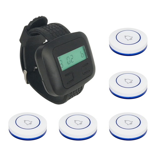 Wireless Restaurant Calling System 5Table Call Button Transmitters 1Watch Pager, Waiter Service Bell Buzzer B 1