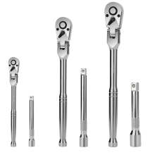 6-delige ratelsleutelset met flexibele kop, 1/4 inch, 3/8 1/2 inch, draaibare sleutel met verlengstuk, 72 tanden