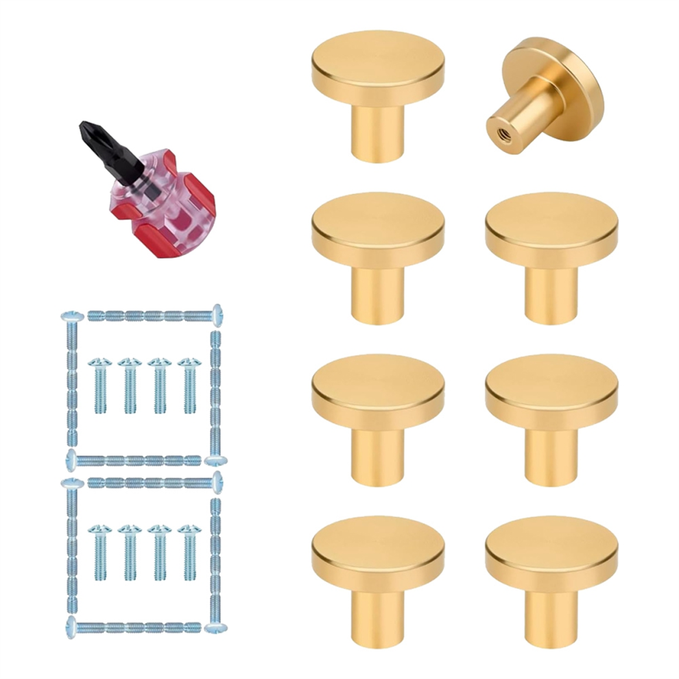 Gouden kastknoppen - 8 stuks ronde handgrepen van geborsteld messing voor keuken, dressoir, kast, kledingkast, meubels