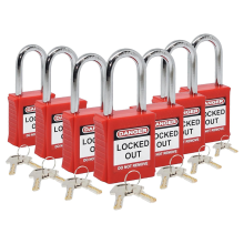 Lockout-Tagout-Schloss-Set – 7 rote LotoLocks, Vorhängeschloss mit unterschiedlichen Schlüsseln, inklusive 2 Messingschlüsseln