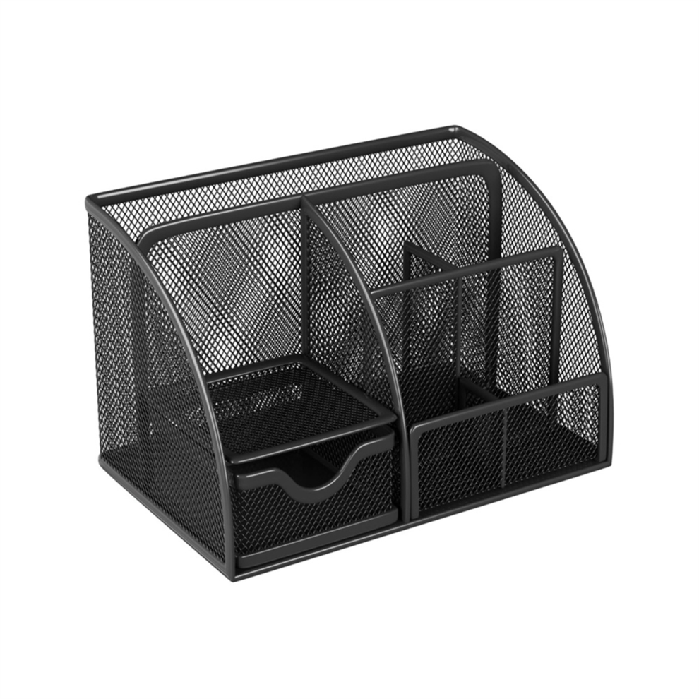Bureau-organizer, 6-vaks pennenhouder en 1 lade, metalen rooster, zwarte organizer