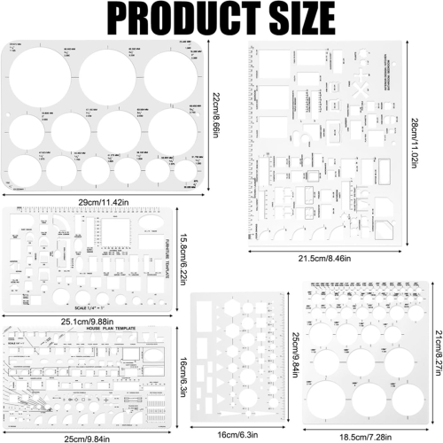 6pcs Circle Template for Drafting, Geometric Shape Stencils Square Measuring Ruler Building Formwork Drawing 2