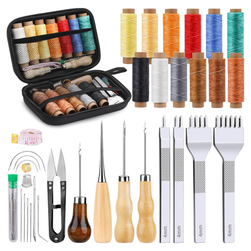 56Pcs Leather Stitching Pouch Kit,with 4mm ProngSewing Hole Punch Waxed Thread Working Tools for Beginners DIY Crafting