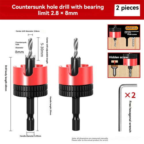 2PC Woodworking Limit Countersink Drill Non Slip Hexagonal Shank with Bearing Adjustable Step Screw Opener 2