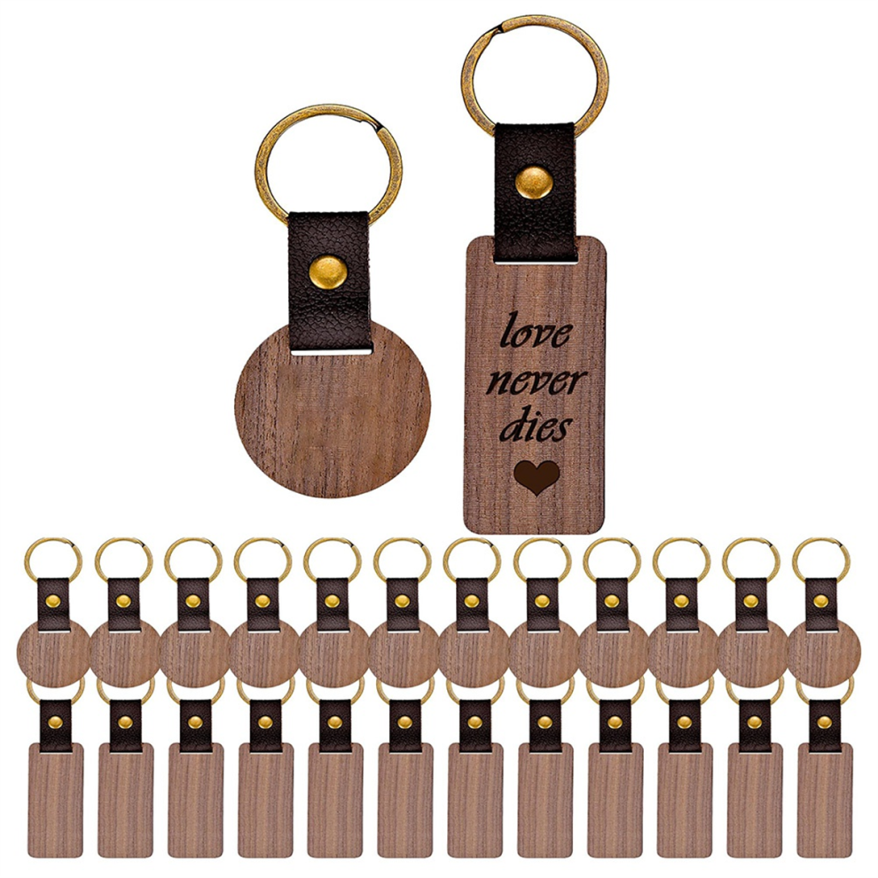 26 Pezzi Portachiavi In Pelle E Legno, Rettangolari E Rotondi, Incisione Vuota Con Cinturino, Per Fai Da Te