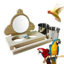Papegaaienzitstok Houten Parkietenspiegel Speelgoedvogel met Voerbakjes Kooispel voor Dwergpapegaai B