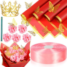 74 pezzi fai da te bouquet di rose artificiali fiori finti nastro 1-1/2 pollici raso bordo oro carta da regalo rosa
