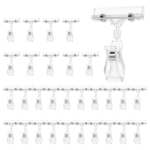 30PCS Clear Sign Clips Plastic Rotatable -Clip Holder Stand for Merchandise Display,