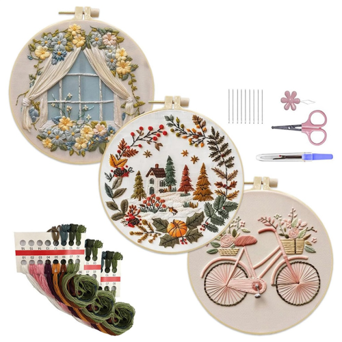 3 Beginner Embroidery Kits, DIY - Kit for Adults, Includes Hoops, Instructions, and Accessories
