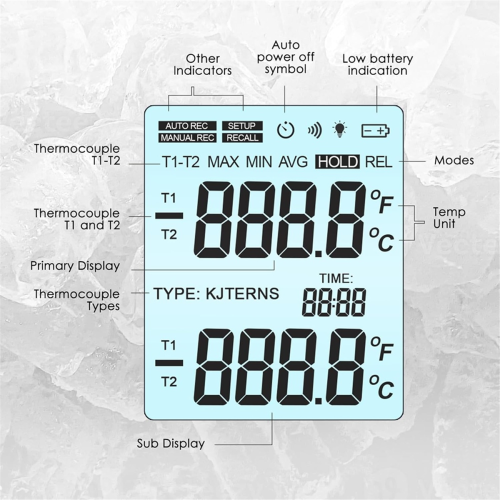 Termometro digitale a termocoppia tipo K, con 2 sonde cablate a morsetto per la temperatura 2